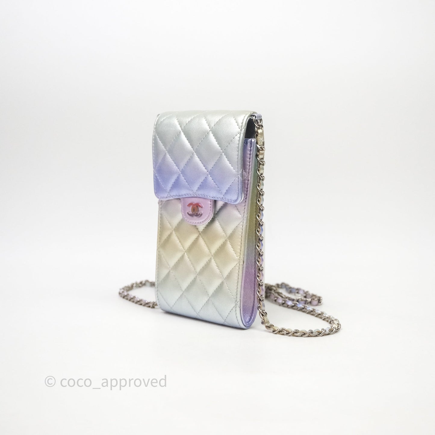 Chanel Classic Quilted Metallic Rainbow Lambskin Phone Holder Rainbow Hardware