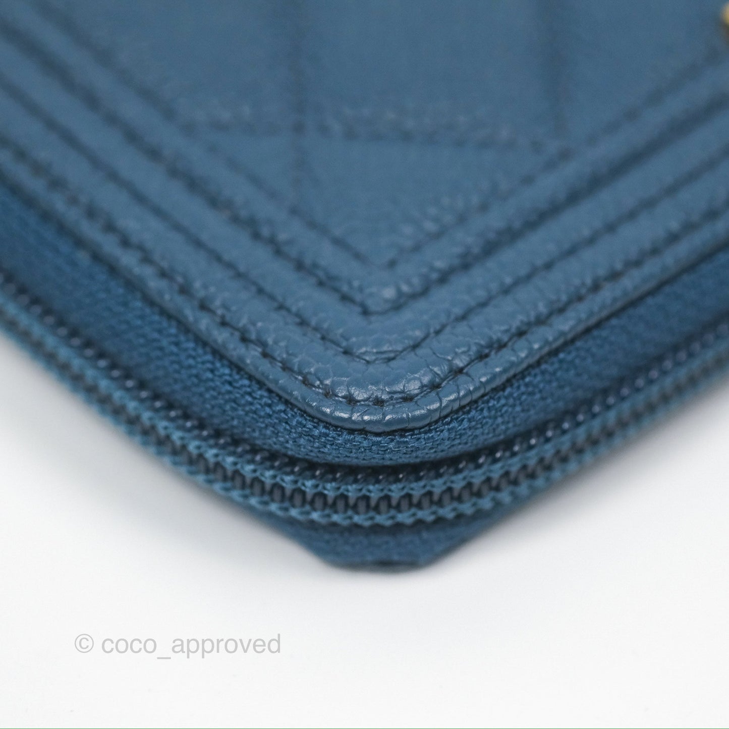 Chanel Quilted Boy Zip Card Holder Blue Caviar Aged Gold Hardware