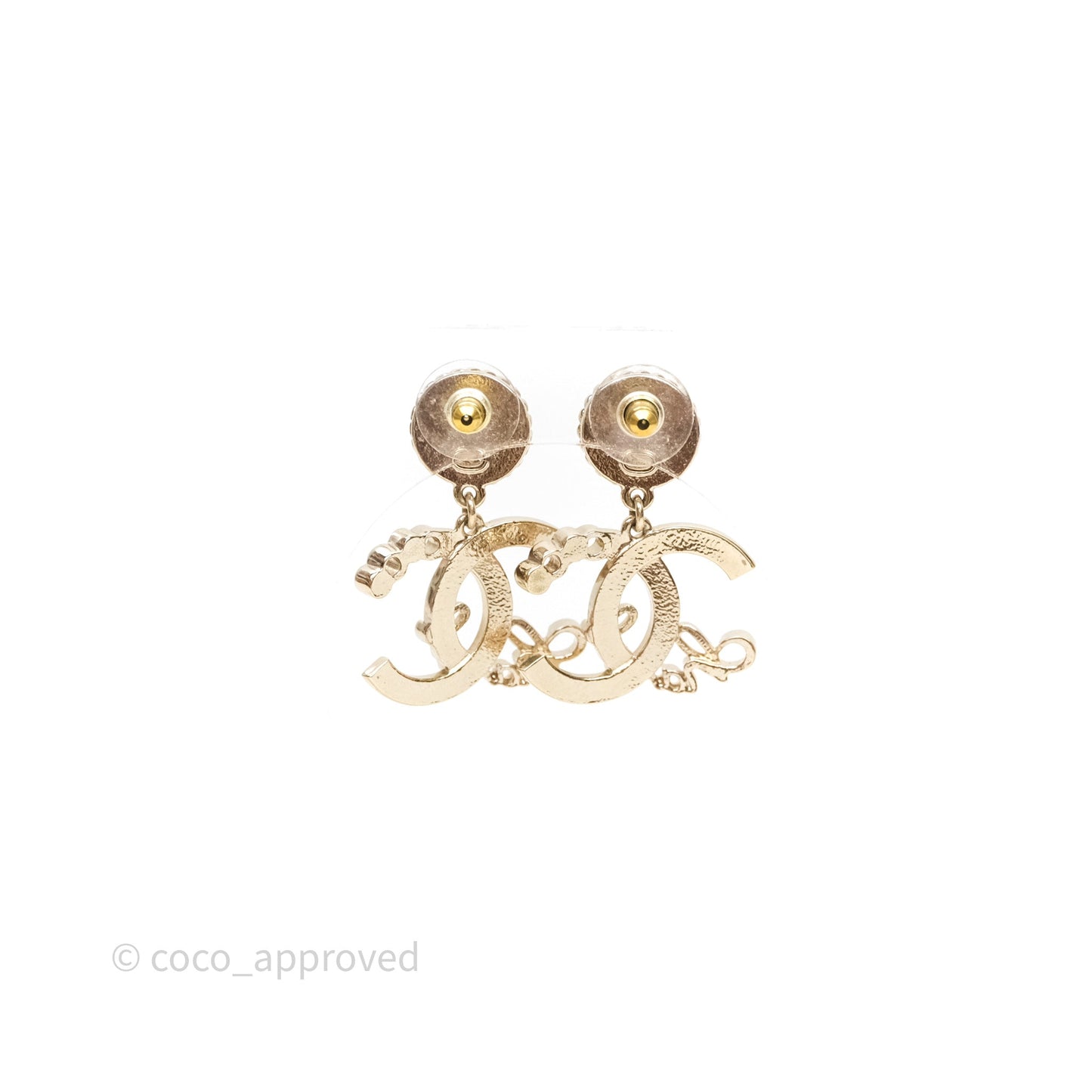 Chanel CC Coco Round Pearl Drop Earrings Gold Tone 22P