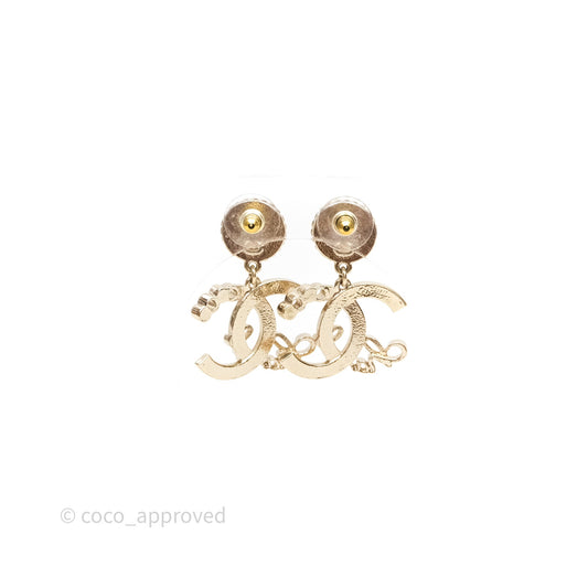 Chanel CC Coco Round Pearl Drop Earrings Gold Tone 22P