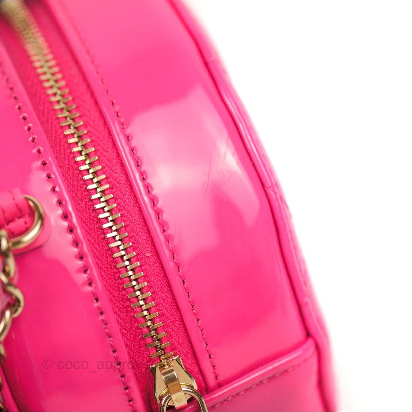 Chanel Classic Quilted Round Clutch Neon Pink Patent Gold Hardware