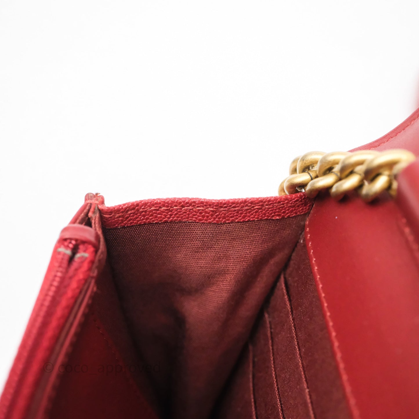 Chanel Boy Wallet on Chain WOC Red Caviar Aged Gold Hardware