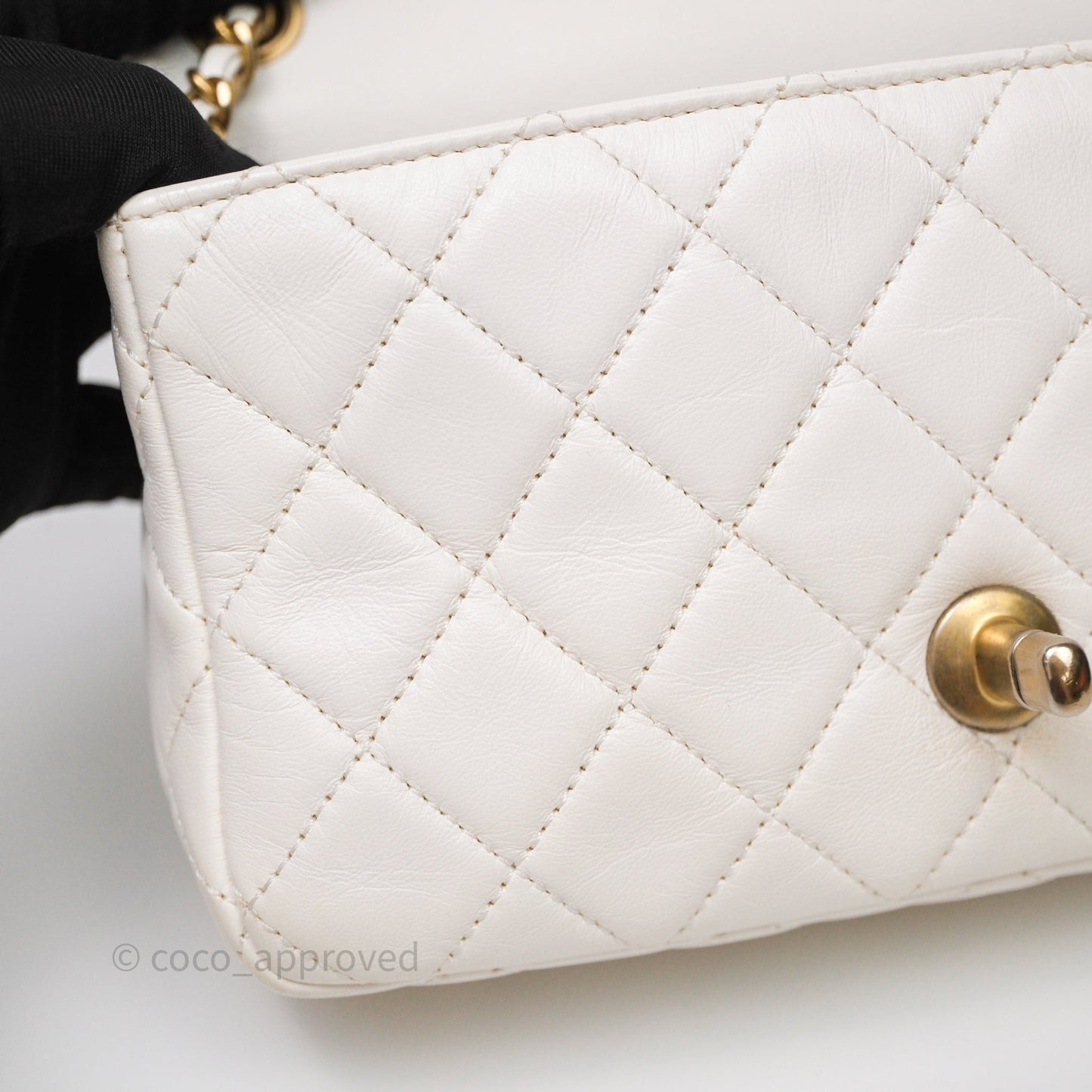 Chanel Mini Rectangular Pearl Crush Quilted White Lambskin Aged Gold Hardware