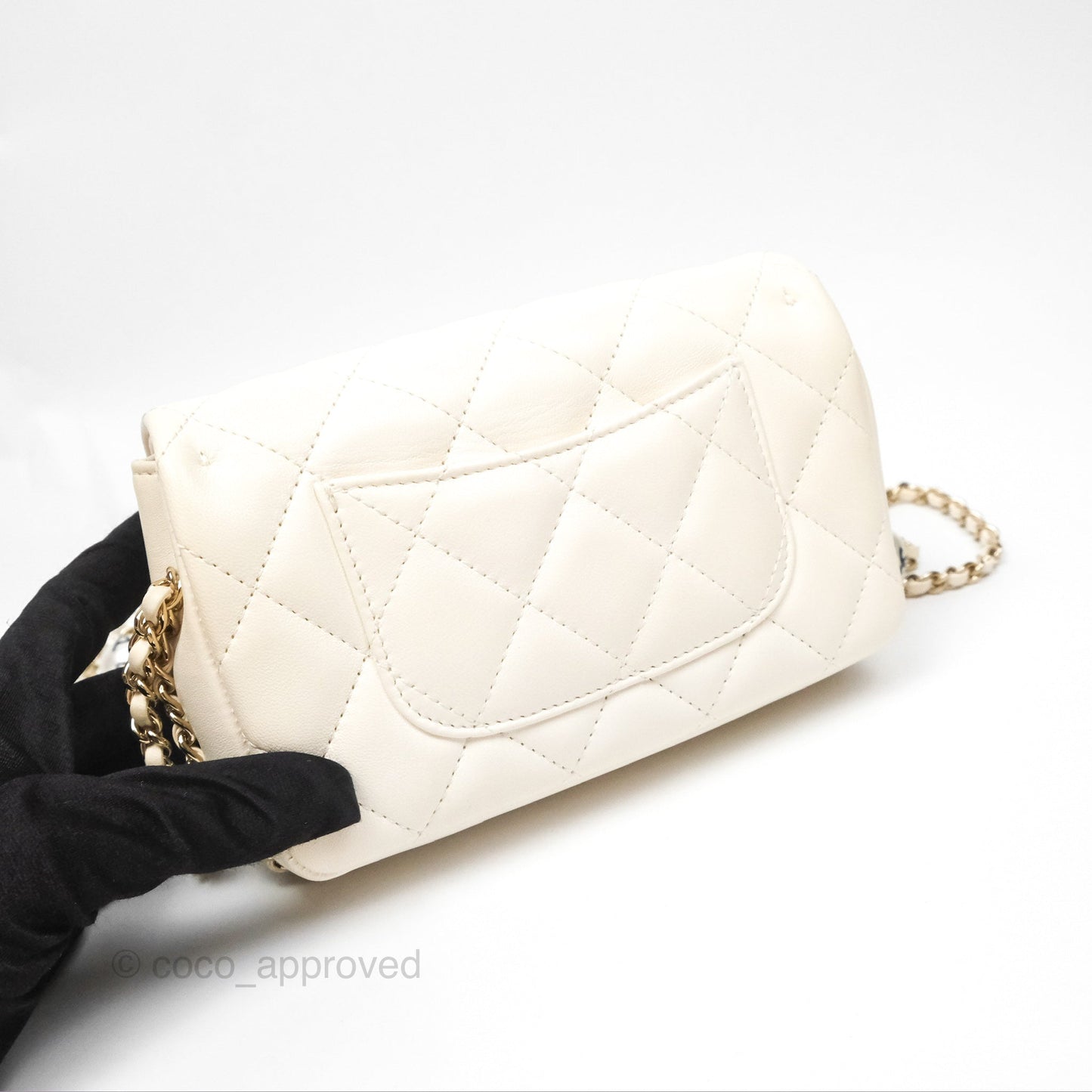 Chanel Small Logo Pearl Chain Flap Bag White Lambskin Gold Hardware
