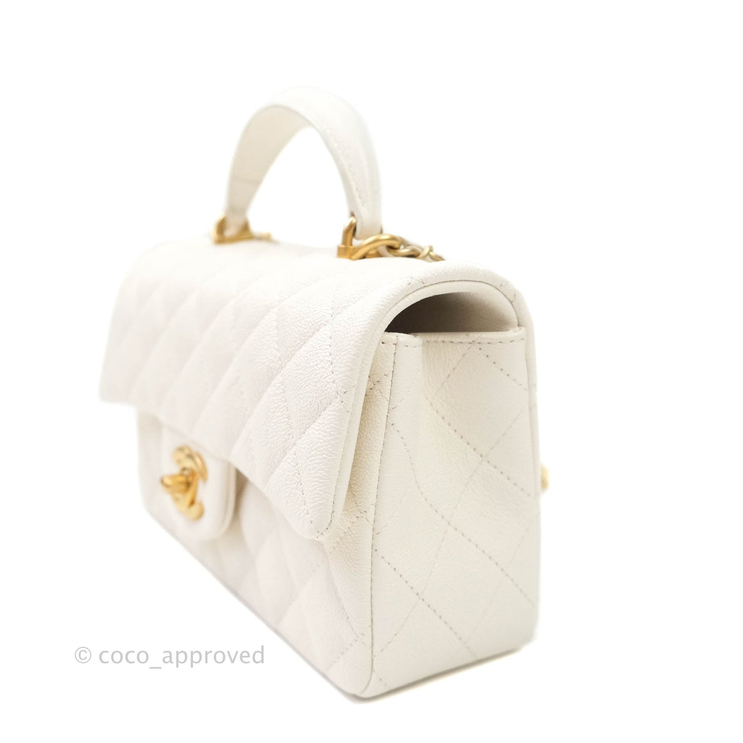 Chanel Top Handle Mini Rectangular Flap Bag White Caviar Aged Gold Hardware