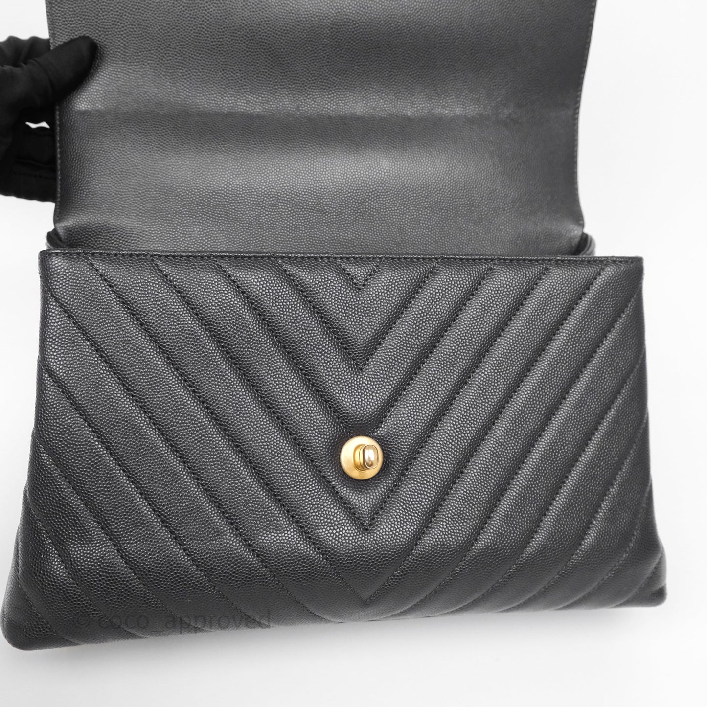 Chanel Medium Coco Handle Chevron Dark Grey Caviar Aged Gold Hardware