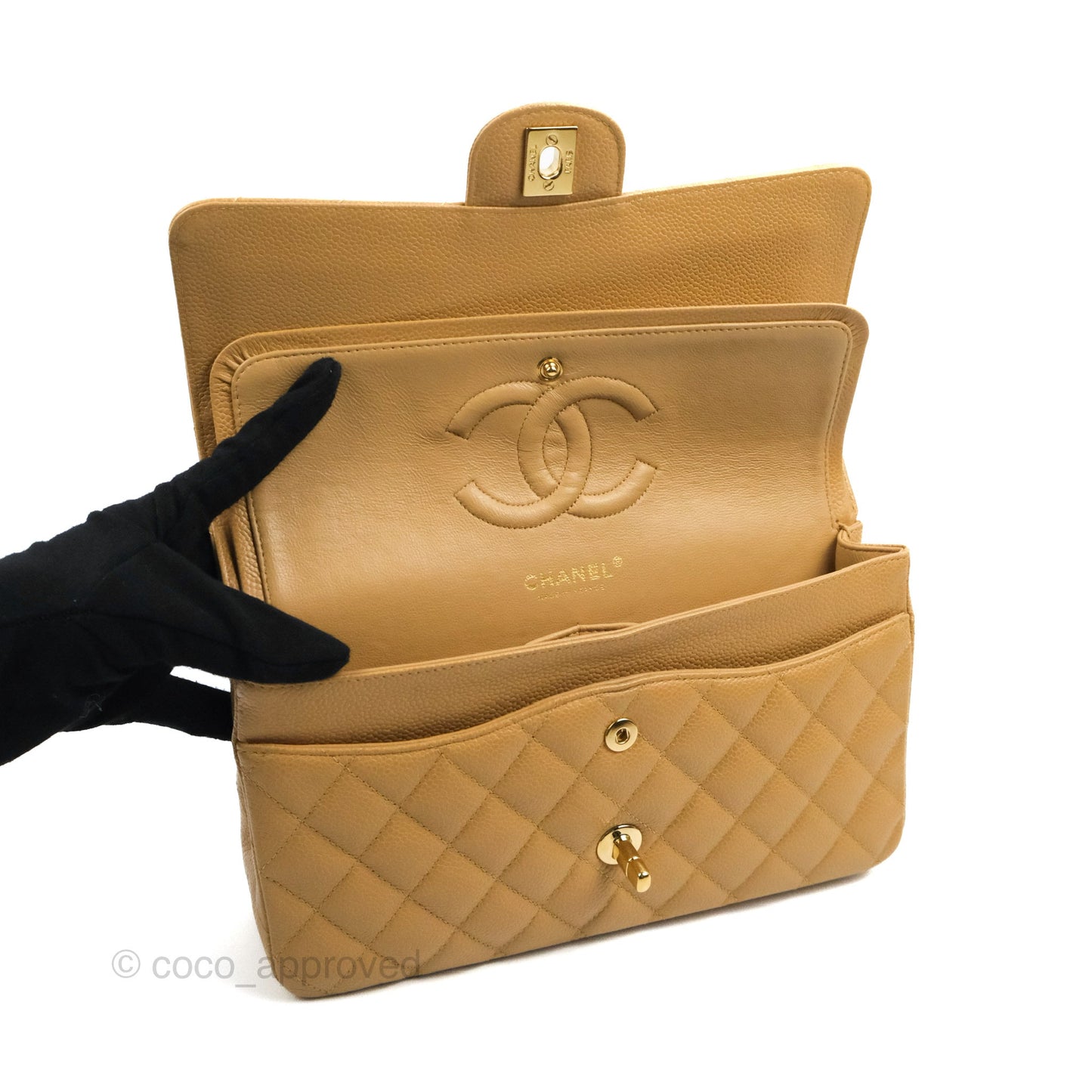 Chanel Quilted M/L Medium Flap Vintage Dark Beige Caviar 24K Gold Hardware