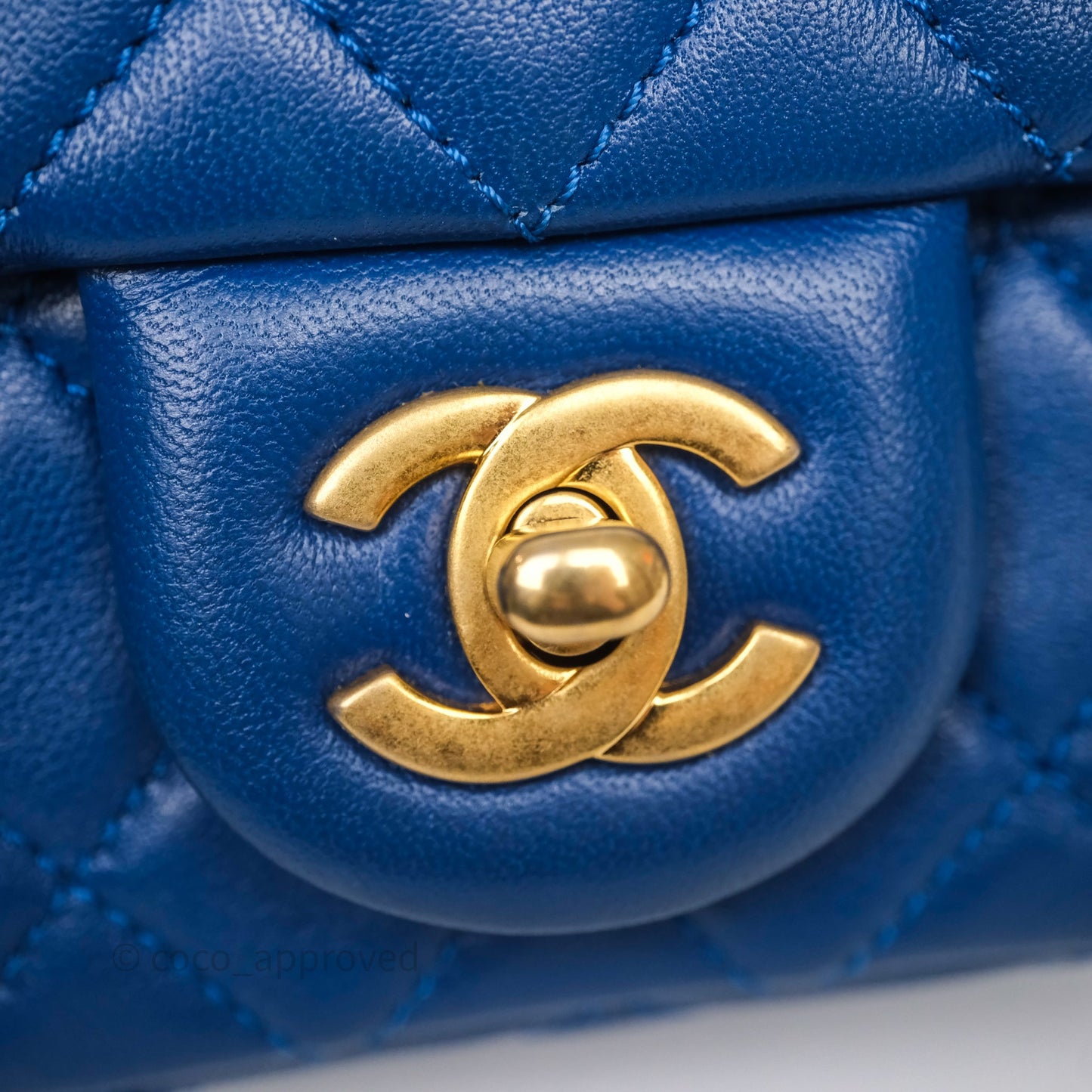Chanel Pearl Crush Mini Square Quilted Blue Lambskin Aged Gold Hardware