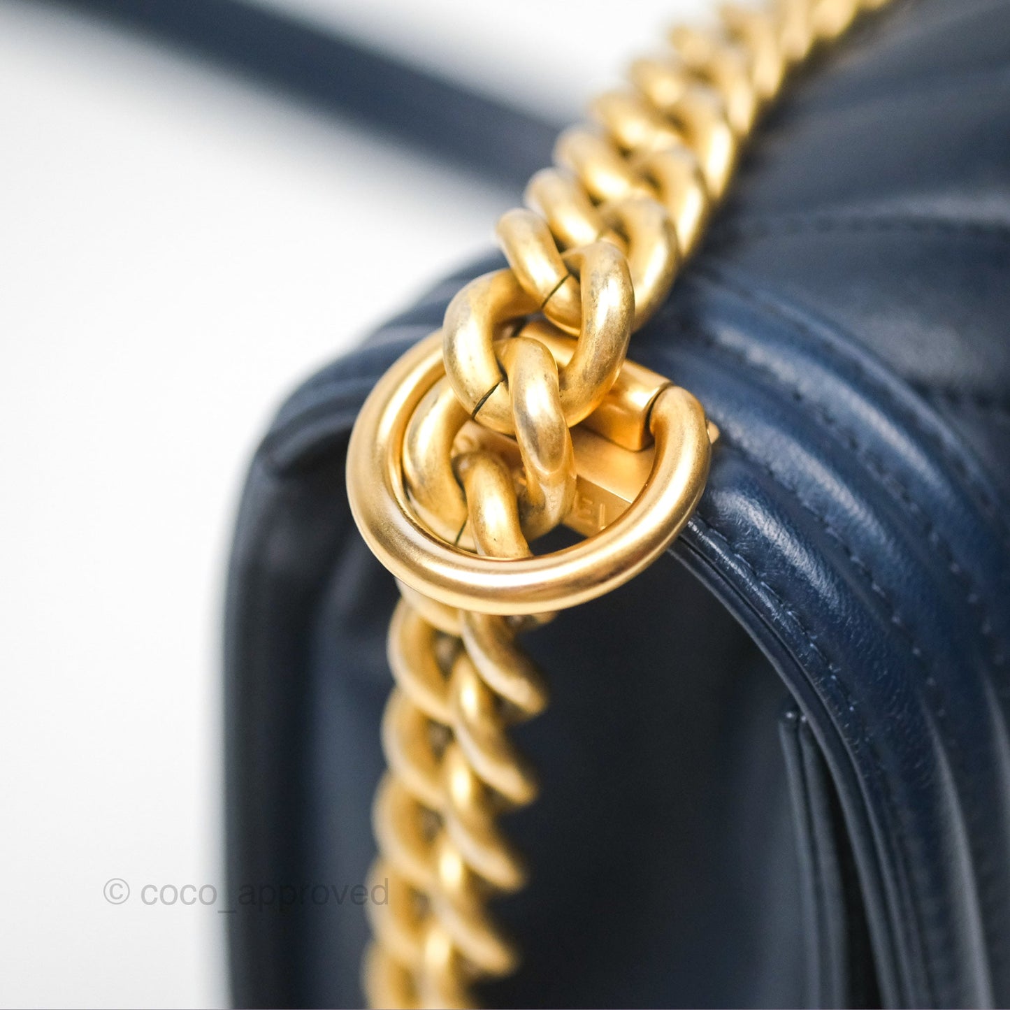 Chanel Medium Boy Chevron Navy Calfskin Aged Gold Hardware