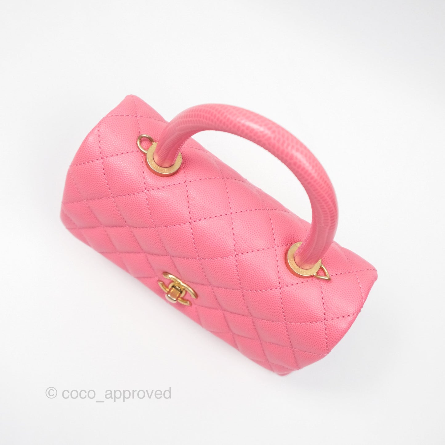 Chanel Small Coco Handle Quilted Pink Caviar Aged Gold Hardware Lizard Handle