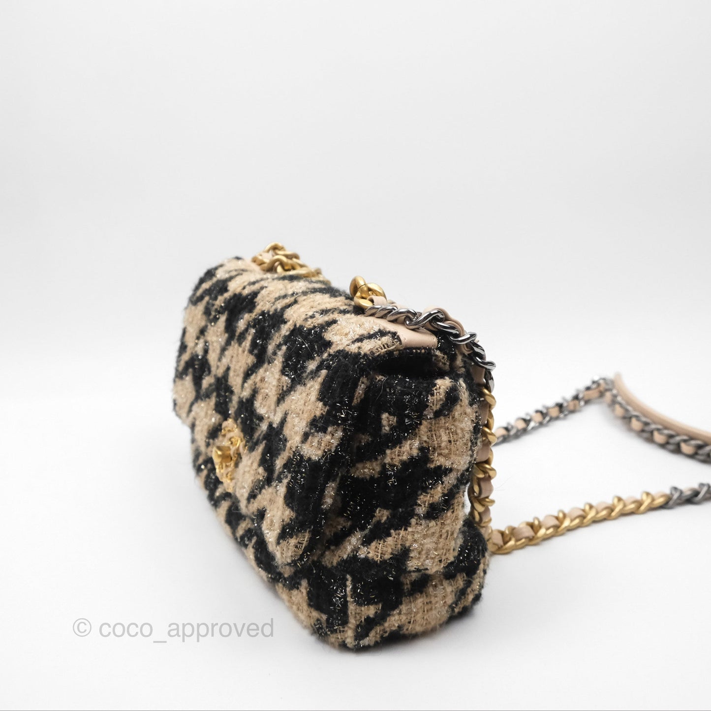 Chanel 19 Small Tweed Houndstooth Black Beige Mixed Hardware