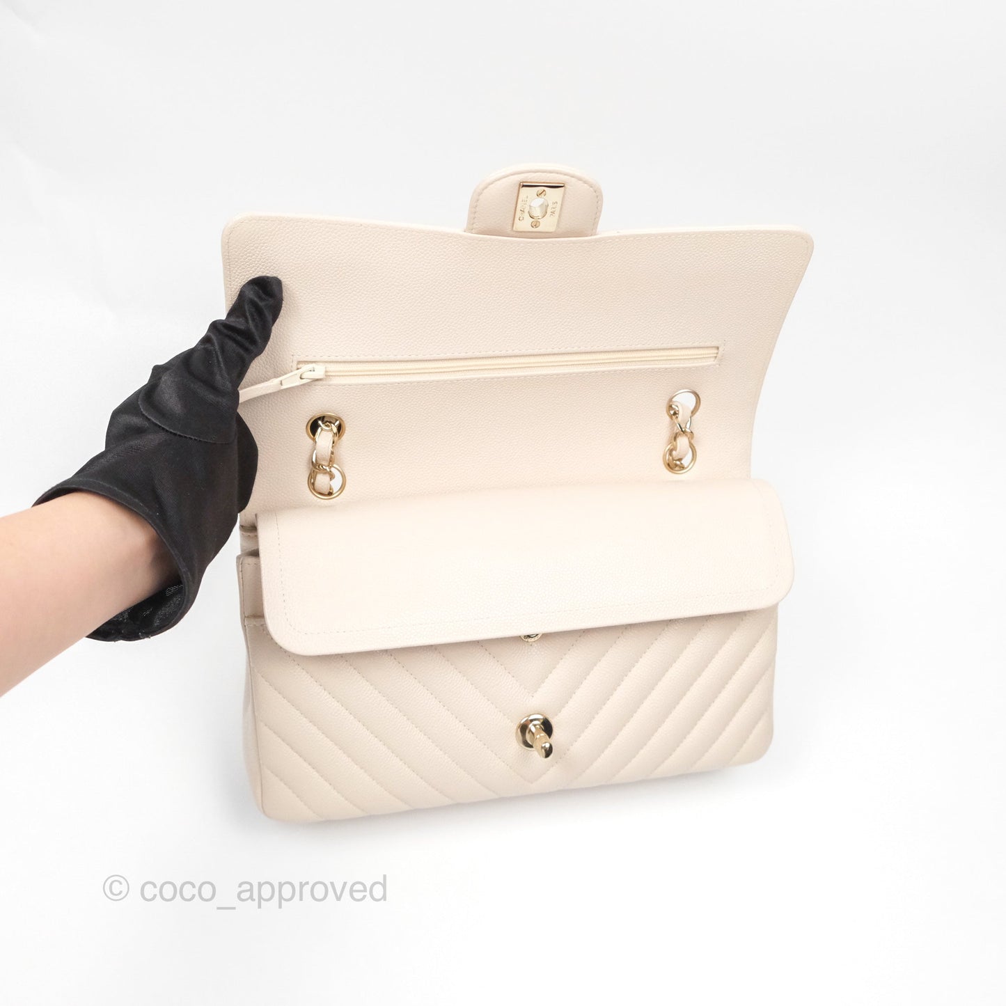 Chanel Classic M/L Medium Double Flap Chevron Light Beige Caviar Gold Hardware 20B