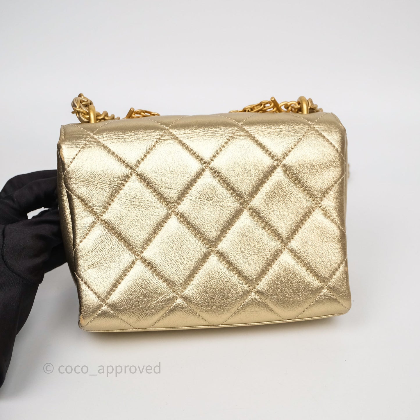 Chanel Mini Crystal Logo Handle Flap Bag Metallic Gold Lambskin 22S