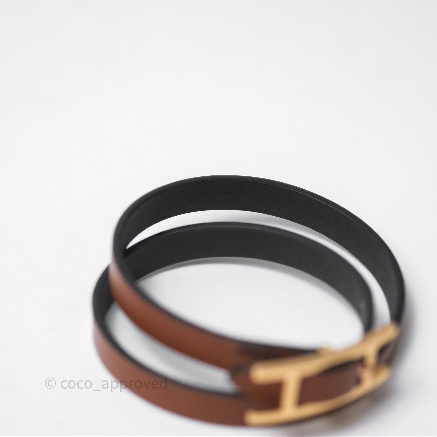 Hermès Behapi Double Tour Bracelet in Fauve 34 / Noir 89 Calfskin Gold Hardware