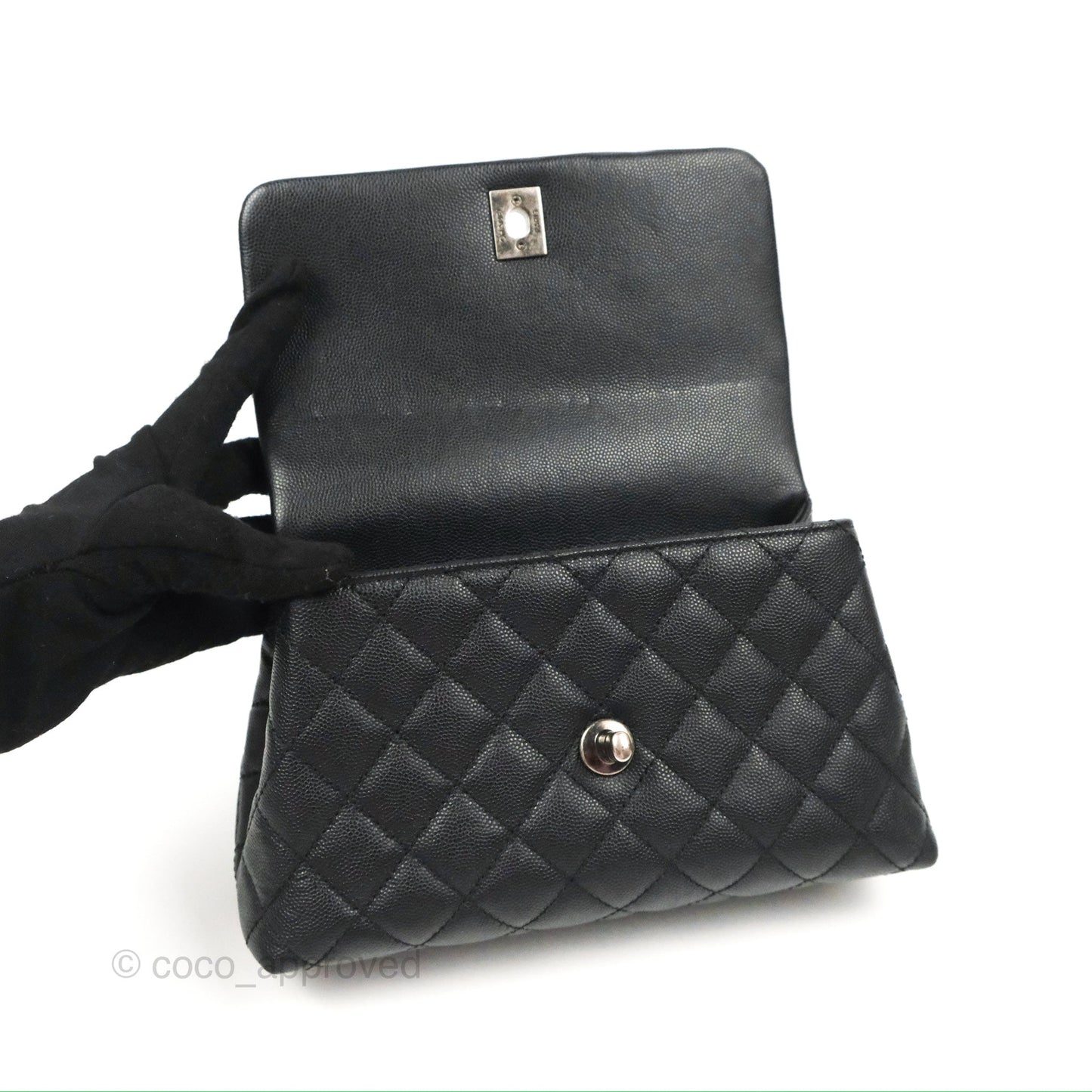 Chanel Small Coco Handle Quilted Black Caviar Ruthenium Hardware Olive Lizard Handle