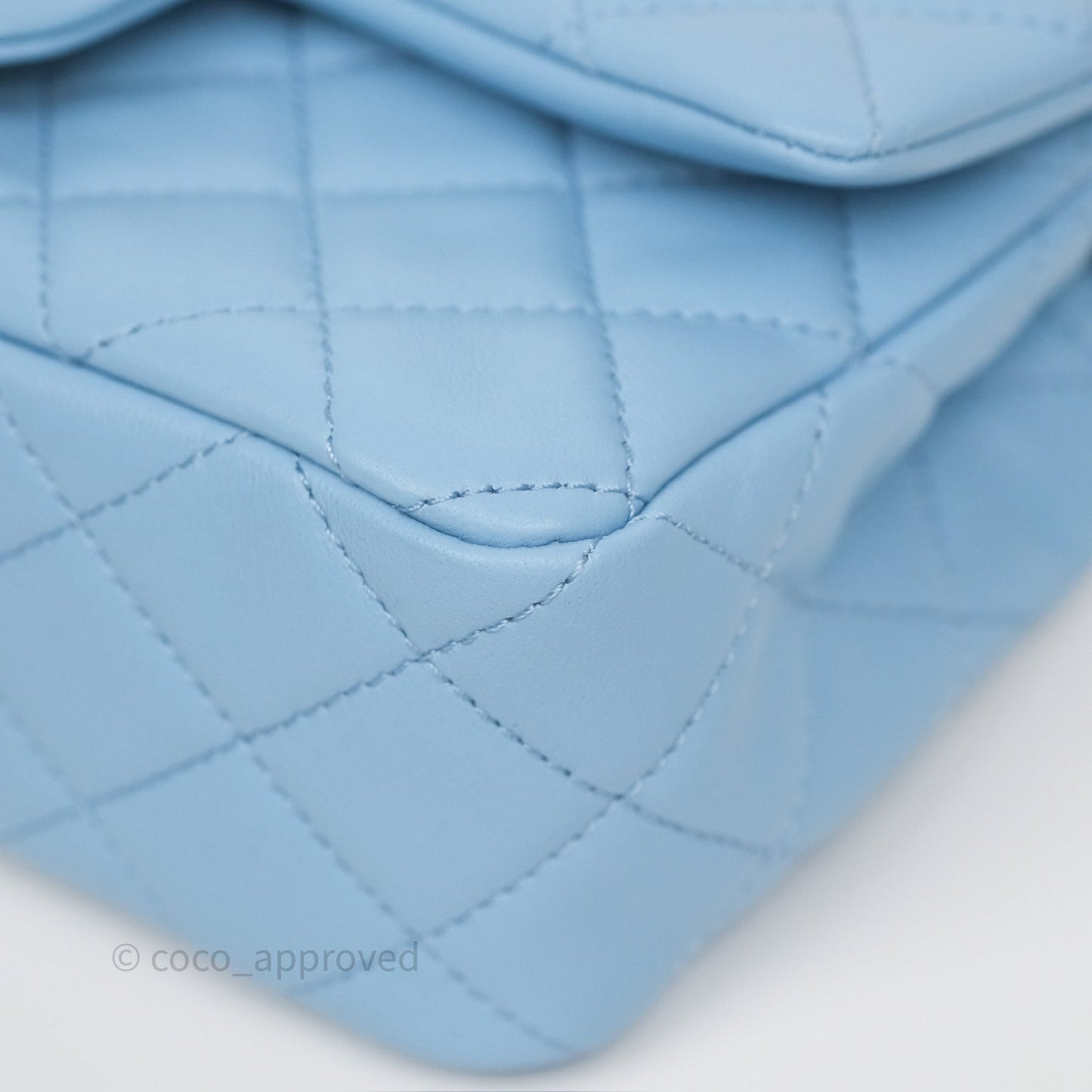 Chanel Mini Rectangular Pearl Crush Quilted Sky Blue Lambskin Aged Gold Hardware