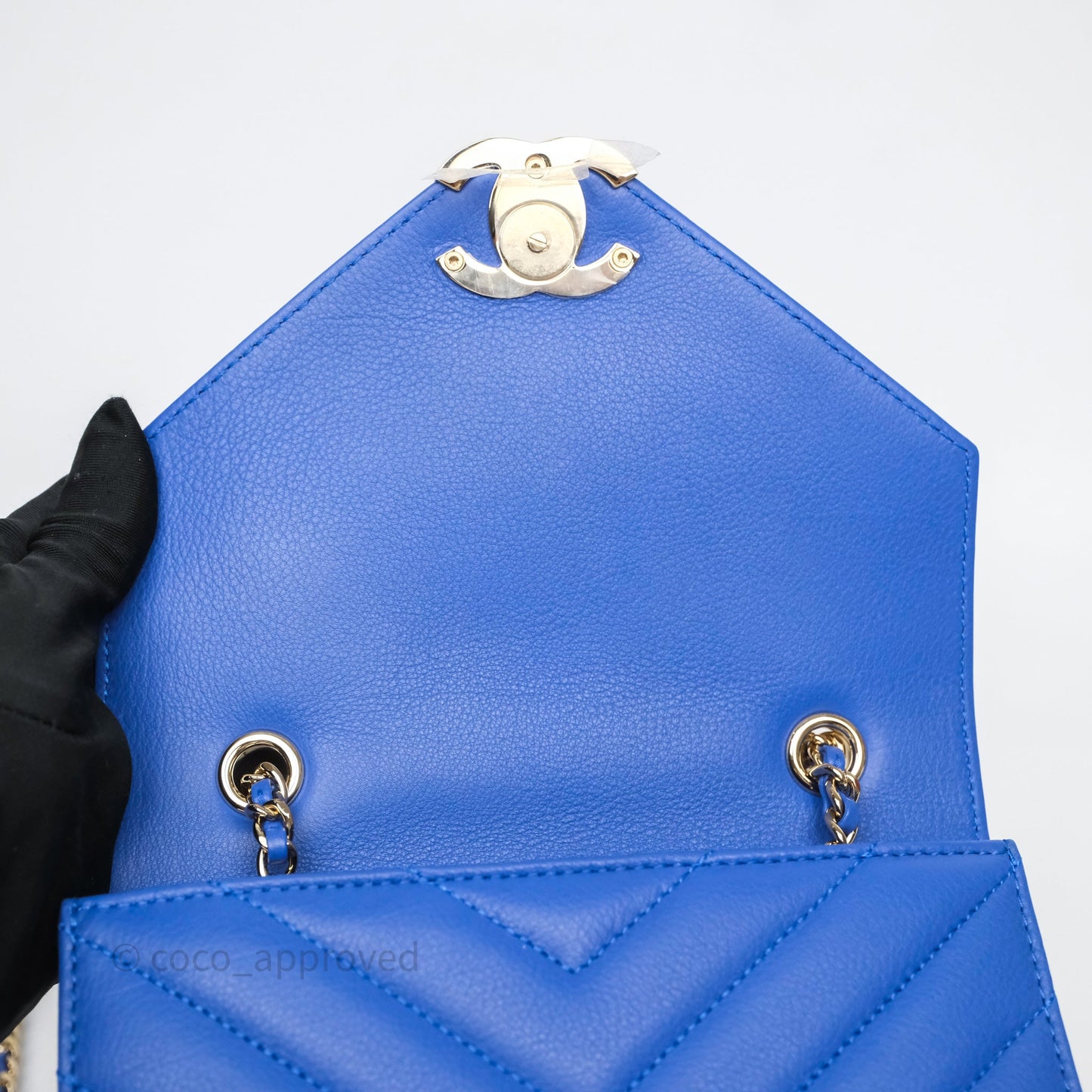Chanel Chevron Square Envelope Flap Bag Royal Blue Calfskin Gold Hardware 19C