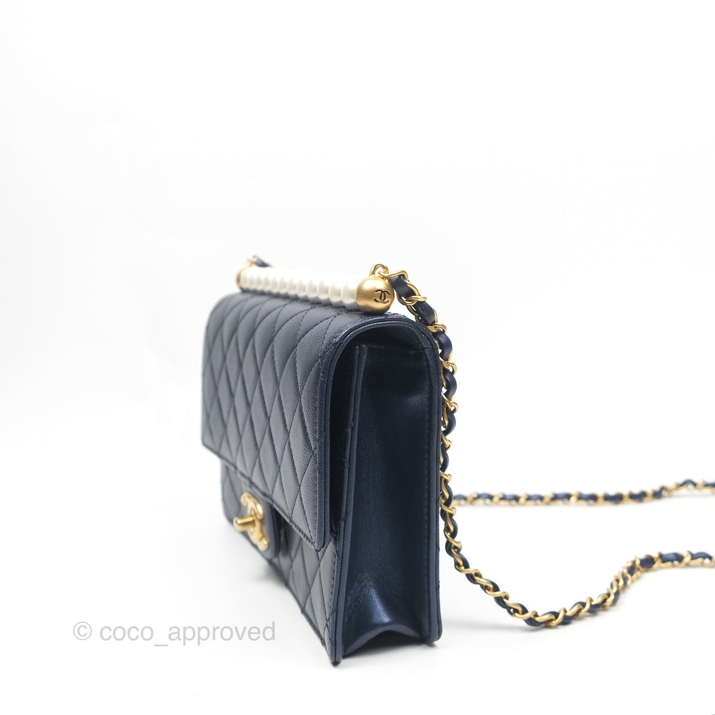 Chanel Small Quilted Chic Pearls Flap Iridescent Navy Goatskin Aged Gold Hardware