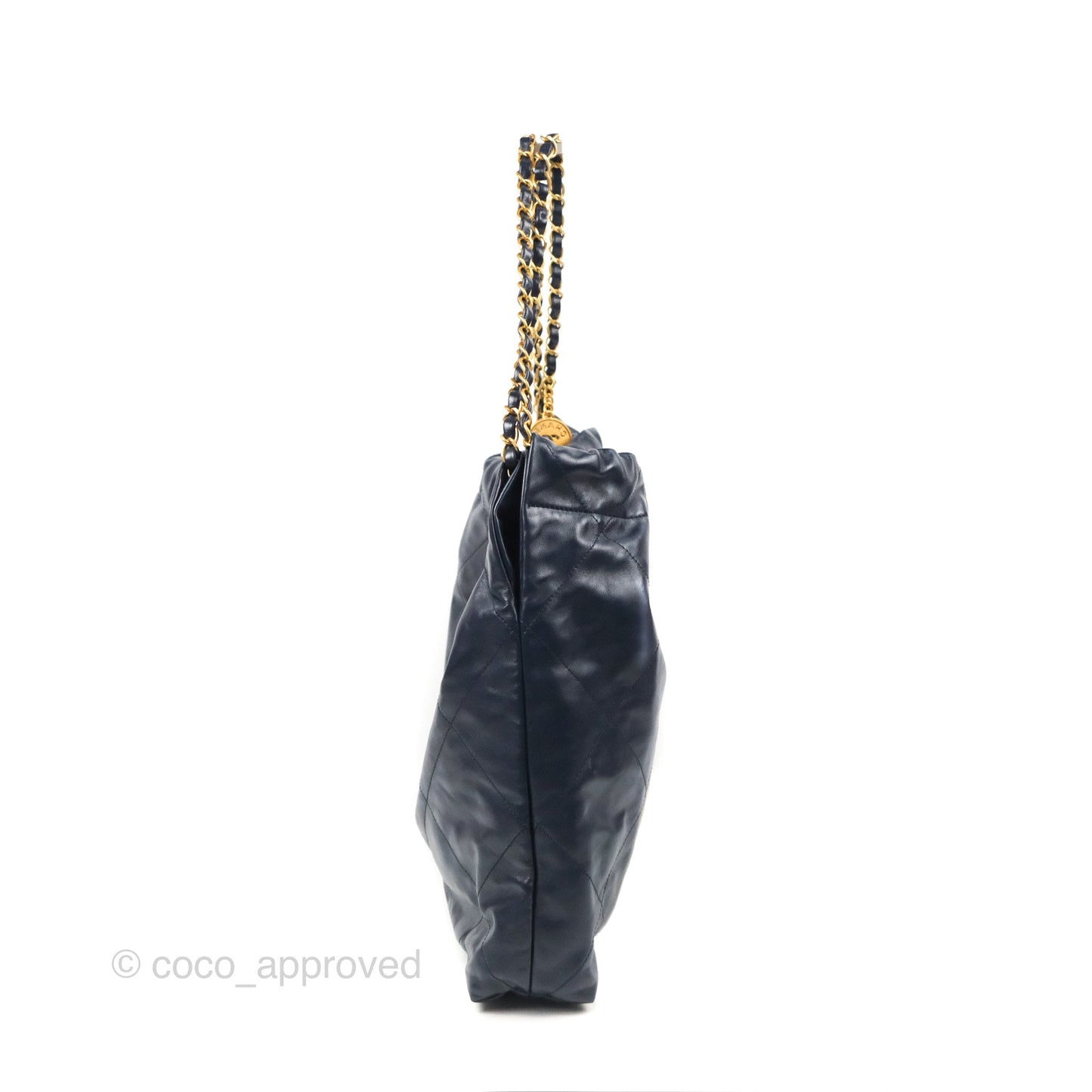 Chanel 22 Medium Navy Shiny Calfskin Aged Gold Hardware