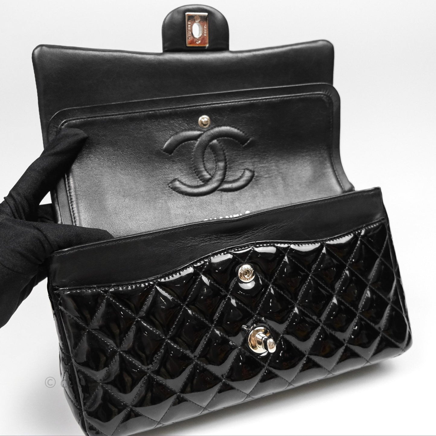 Chanel Classic M/L Medium Flap Quilted Black Patent Silver Hardware