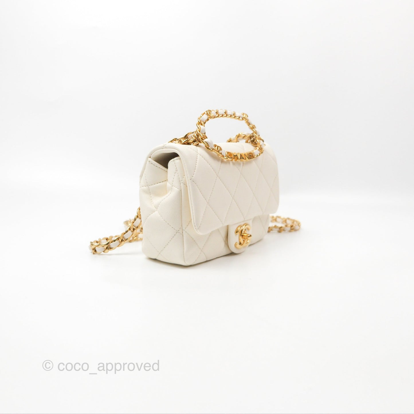 Chanel Quilted Flap Bag With Chanel Logo Top Handle White Calfskin Gold Hardware