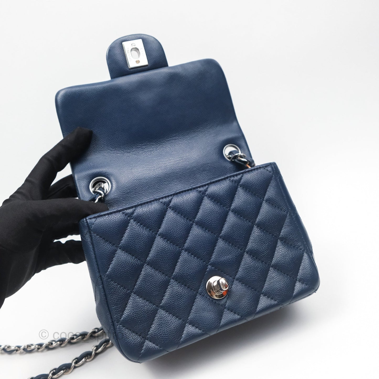 Chanel Mini Square Flap Quilted Navy Caviar Silver Hardware