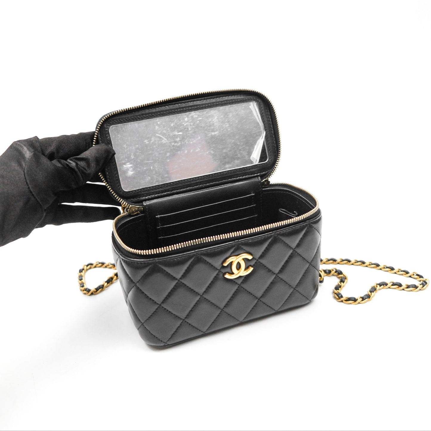 Chanel Vanity Rectangular with Top Handle Black Lambskin Aged Gold Hardware