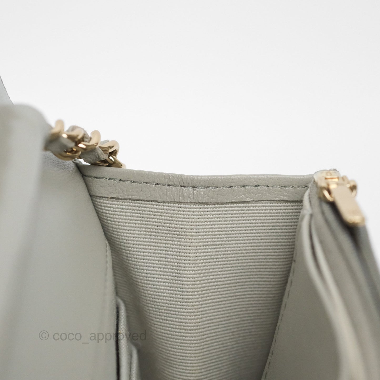 Chanel Classic Quilted Wallet on Chain WOC Light Grey Lambskin Gold Hardware