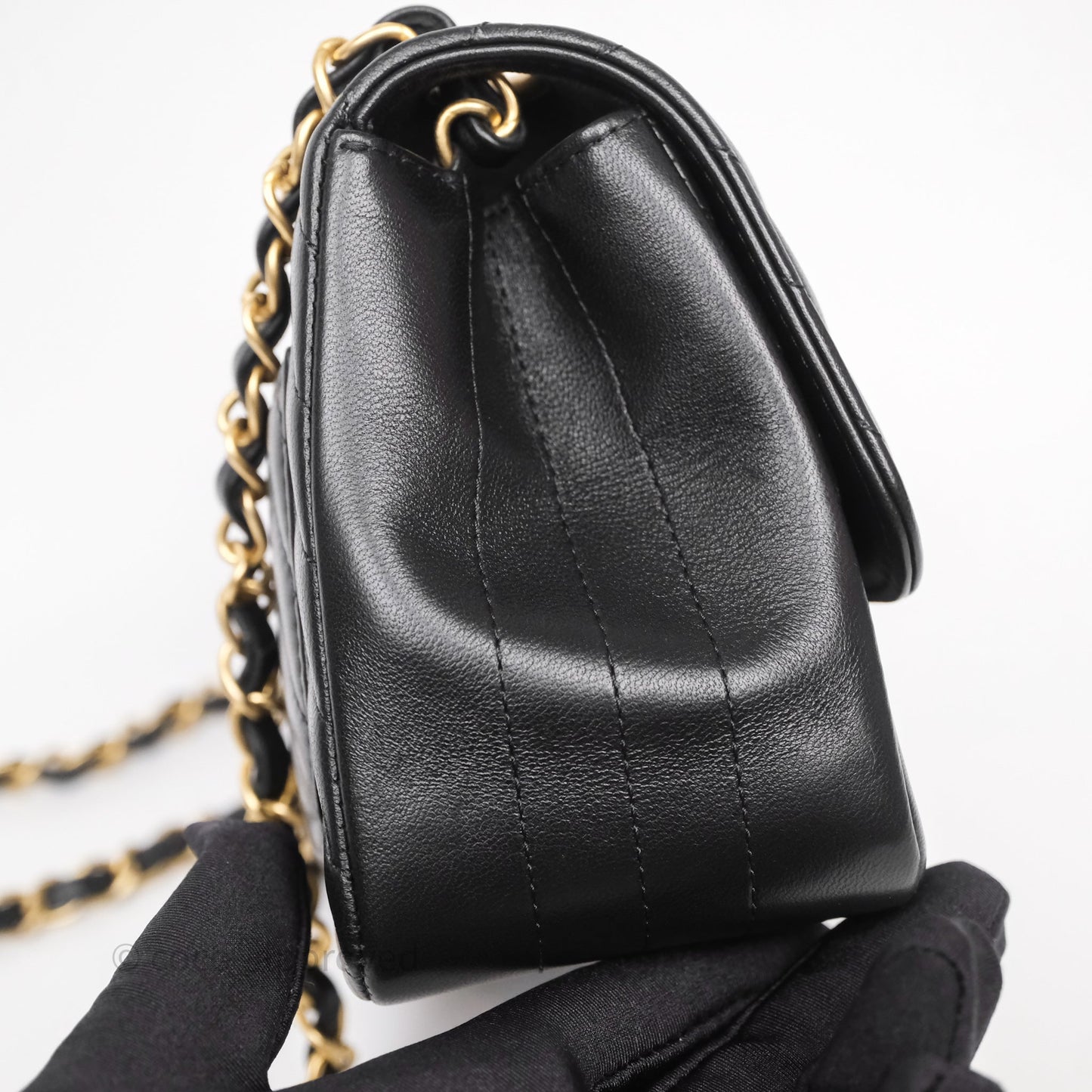 Chanel Mini Square Flap Chevron Black Lambskin Aged Gold Hardware