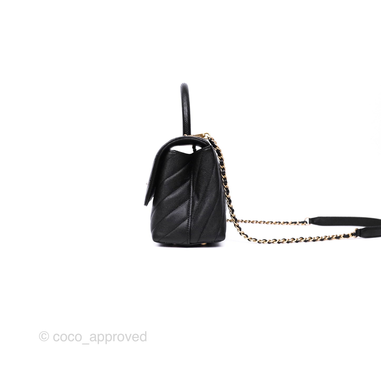 Chanel Small Coco Handle Chevron Black Caviar Aged Gold Hardware Lizard Handle