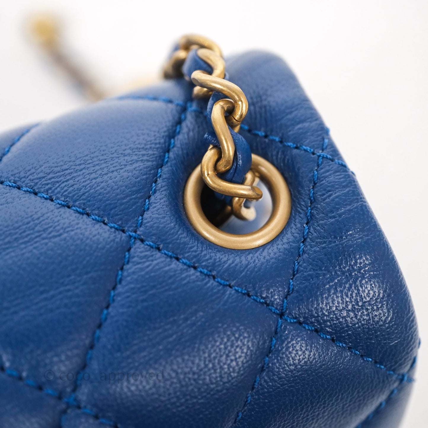 Chanel Pearl Crush Mini Square Quilted Blue Lambskin Aged Gold Hardware