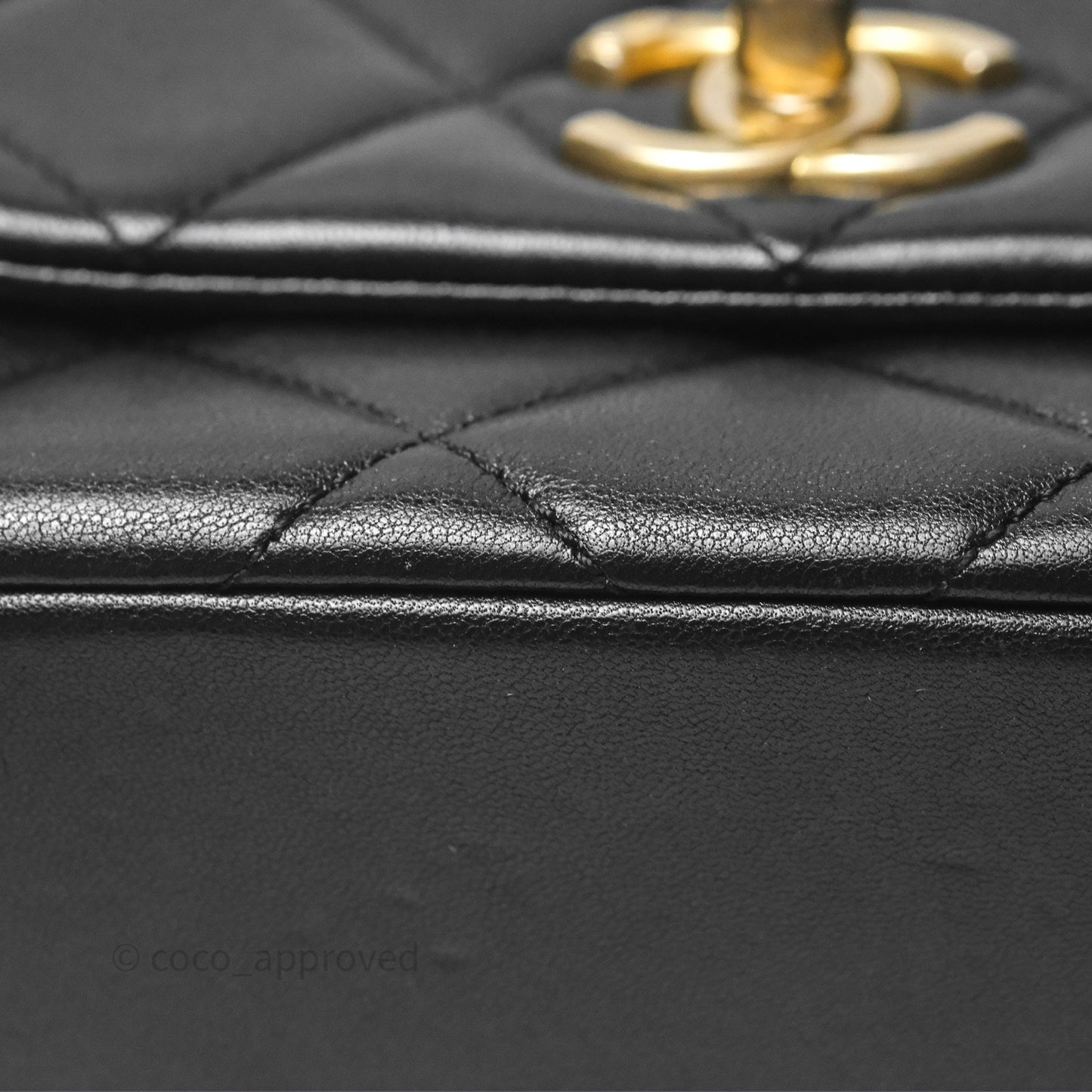 Chanel Logo Mini Square Flap Bag Black Lambskin Aged Gold Hardware 21B