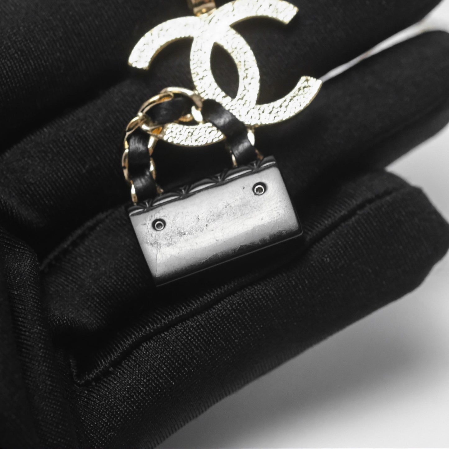 Chanel CC Black Flap Bag Pendant Necklace Gold Tone