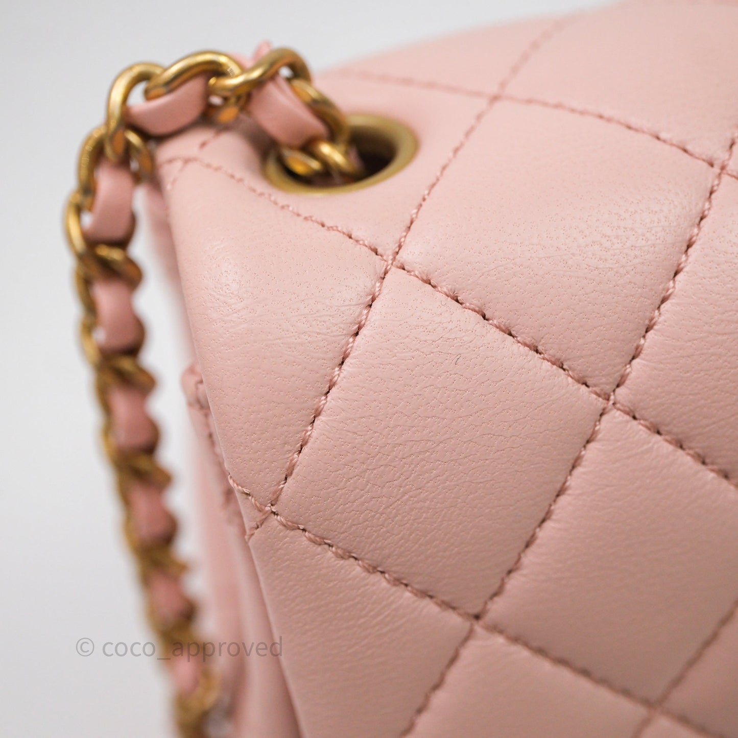 Chanel Pearl Crush Mini Square Quilted Pink Lambskin Aged Gold Hardware