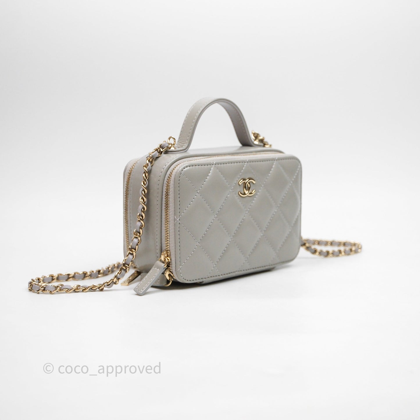 Chanel Mini Top Handle Camera Case Grey Shiny Calfskin Gold Hardware 22B
