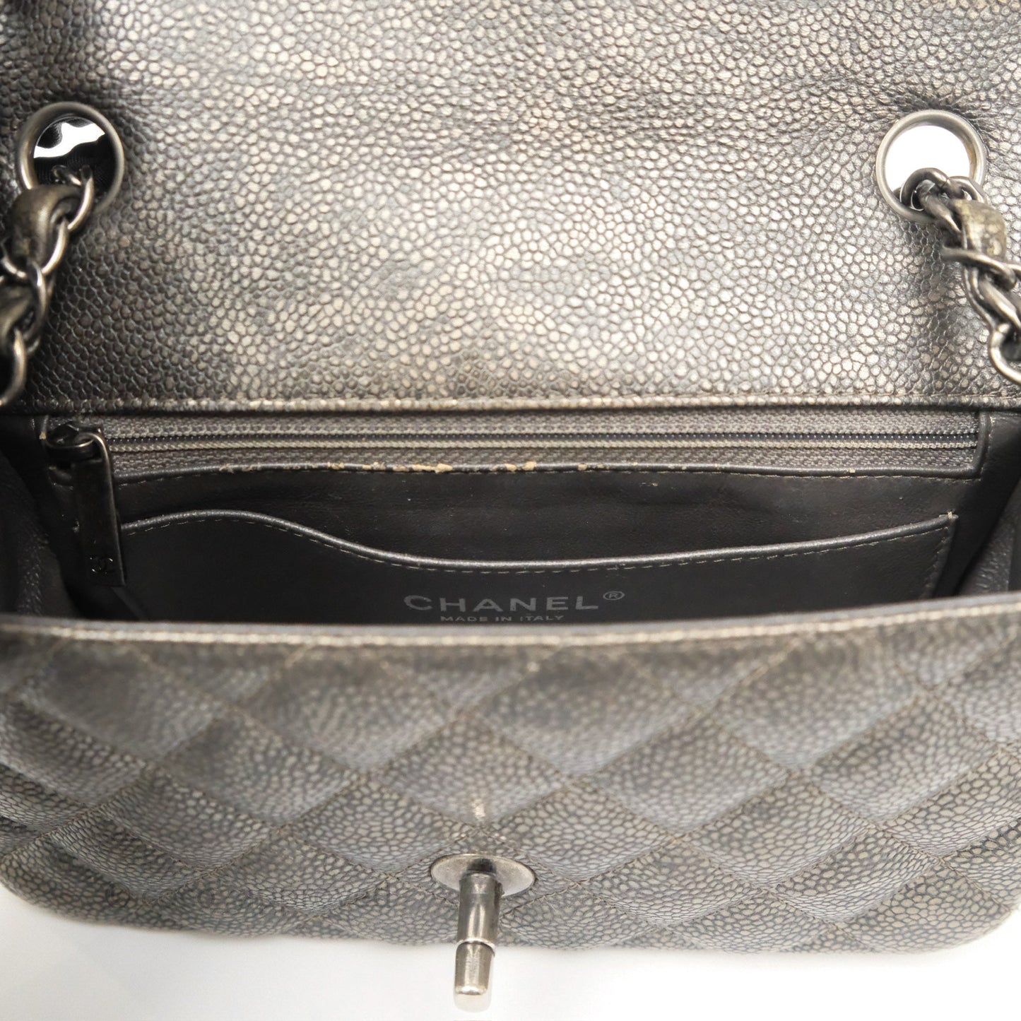 Chanel Mini Rectangular Quilted Metallic Grey Caviar Ruthenium Hardware