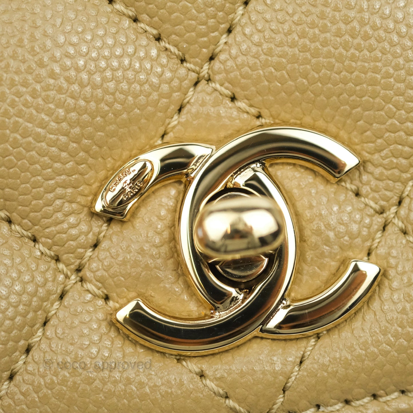 Chanel Small Coco Handle Quilted Dark Beige Caviar Gold Hardware Lizard Embossed Handle 21A