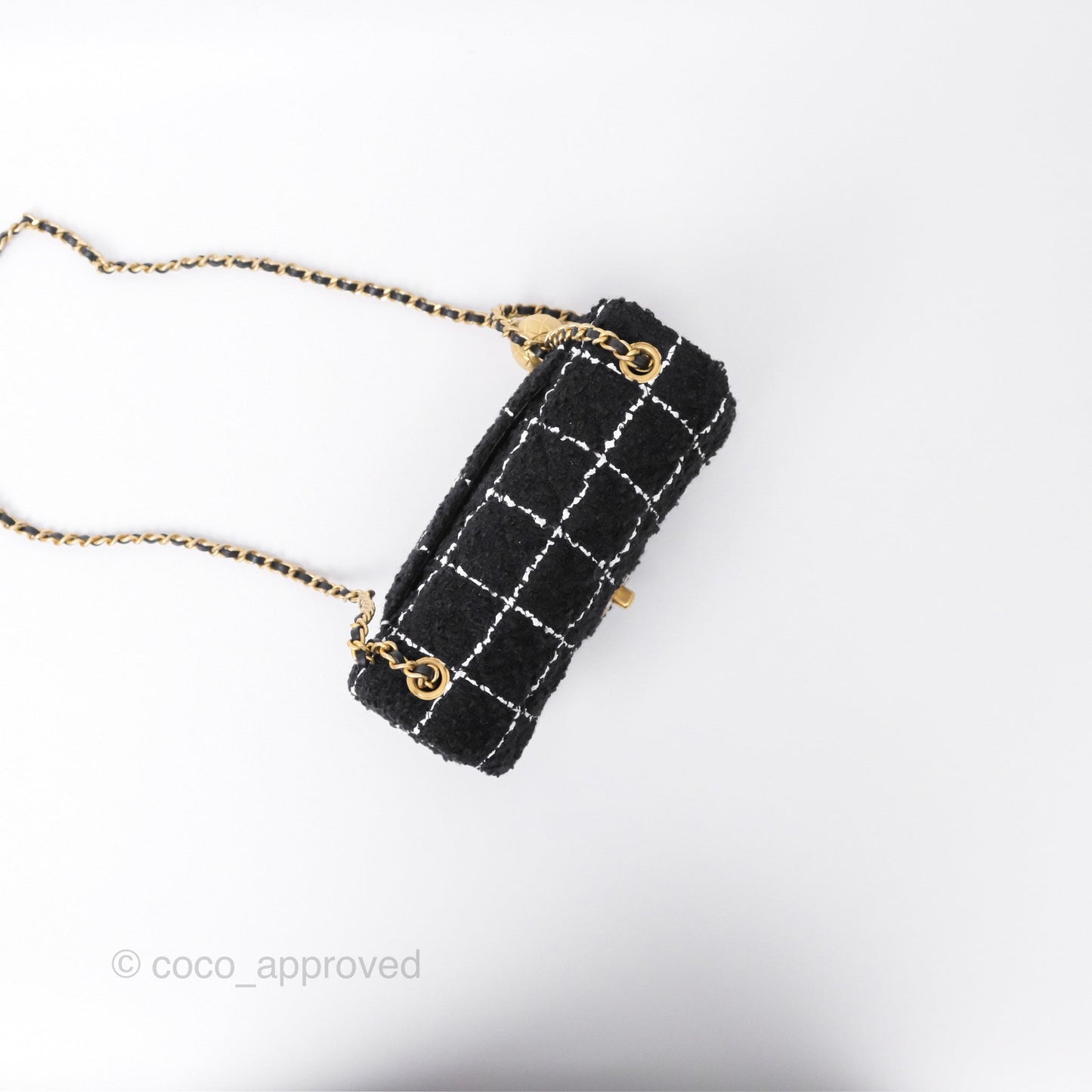 Chanel Pearl Crush Mini Rectangular Grid Black White Tweed Aged Gold Hardware