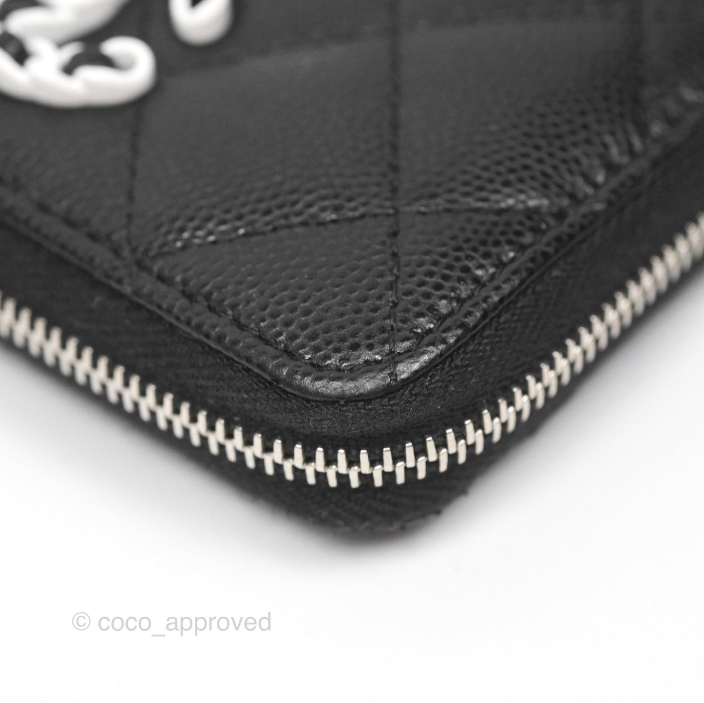 Chanel Zipped Coin Purse Black Caviar White CC Silver Hardware