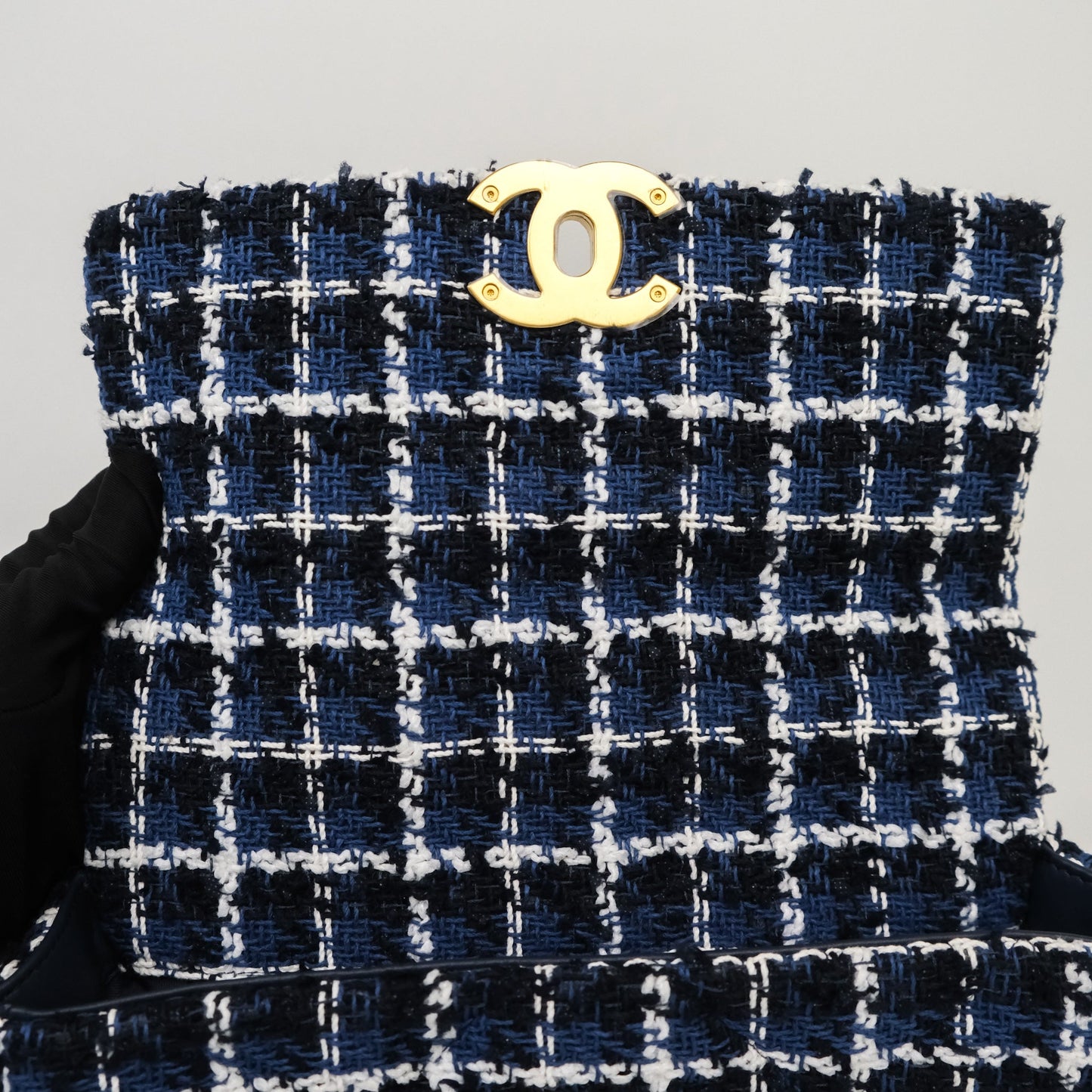 Chanel 19 Small Blue White Black Grid Tweed Mixed Hardware