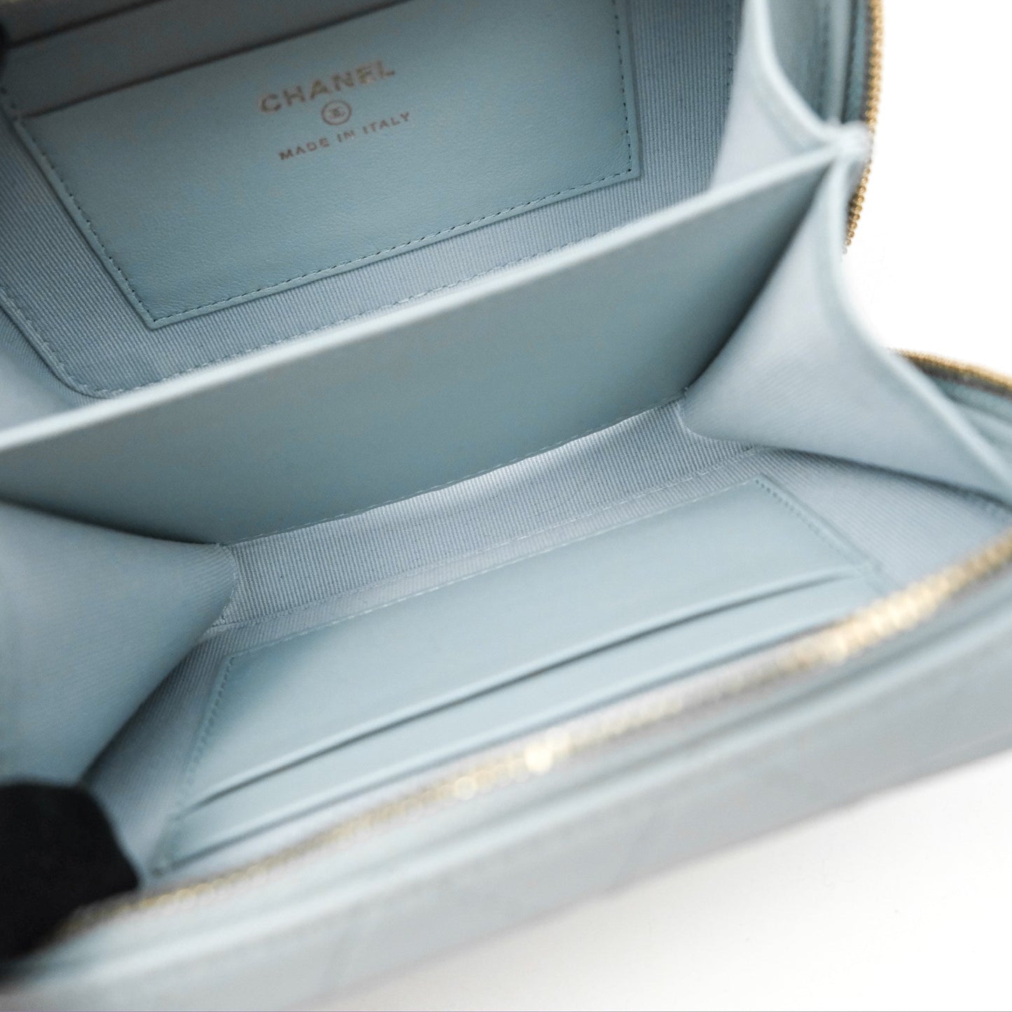 Chanel Mini Quilted Vanity Camera Case Light Blue Lambskin Gold Hardware
