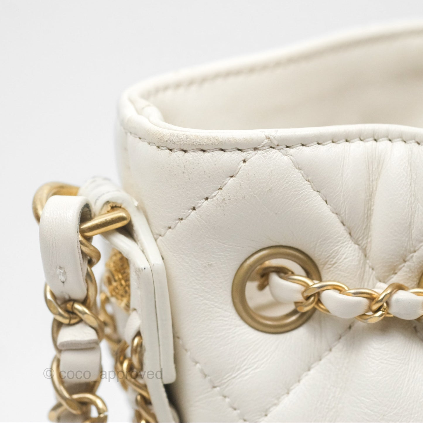 Chanel Quilted Drawstring Bucket Bag Ivory Lambskin Aged Gold Hardware