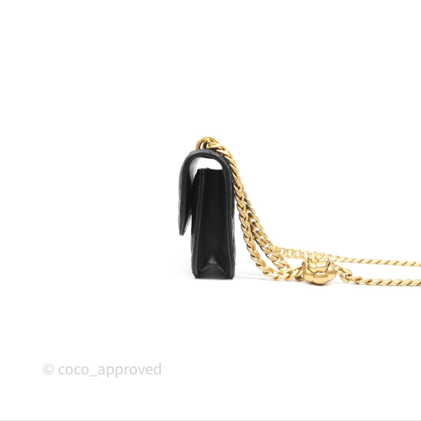 Chanel Mini Clutch With Chain Camellia Adjustable Black Lambskin Aged Gold Hardware