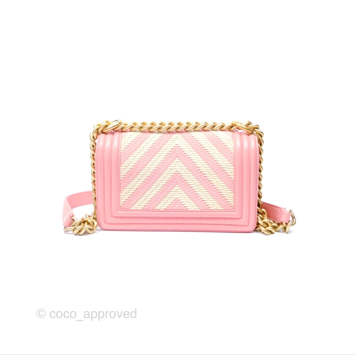 Chanel Small Boy Chevron Fabric Braided Pink Aged Gold Hardware