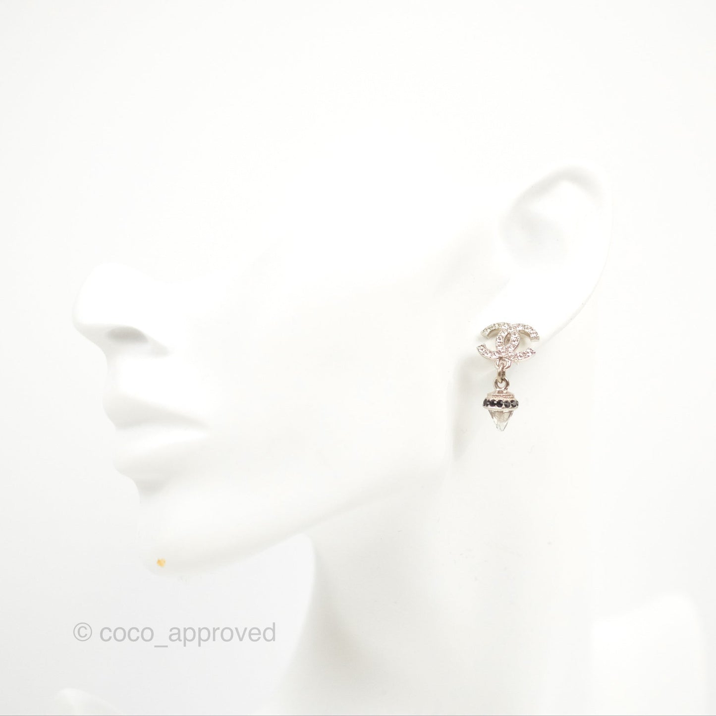 Chanel Crystal CC Drop Earrings Black Silver Tone 19B