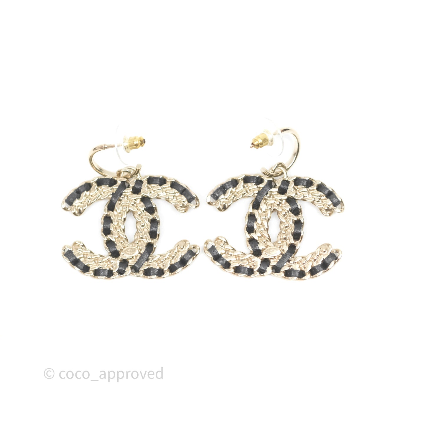 Chanel Crystal CC Braided Black Leather Drop Earrings Gold Hardware 20C