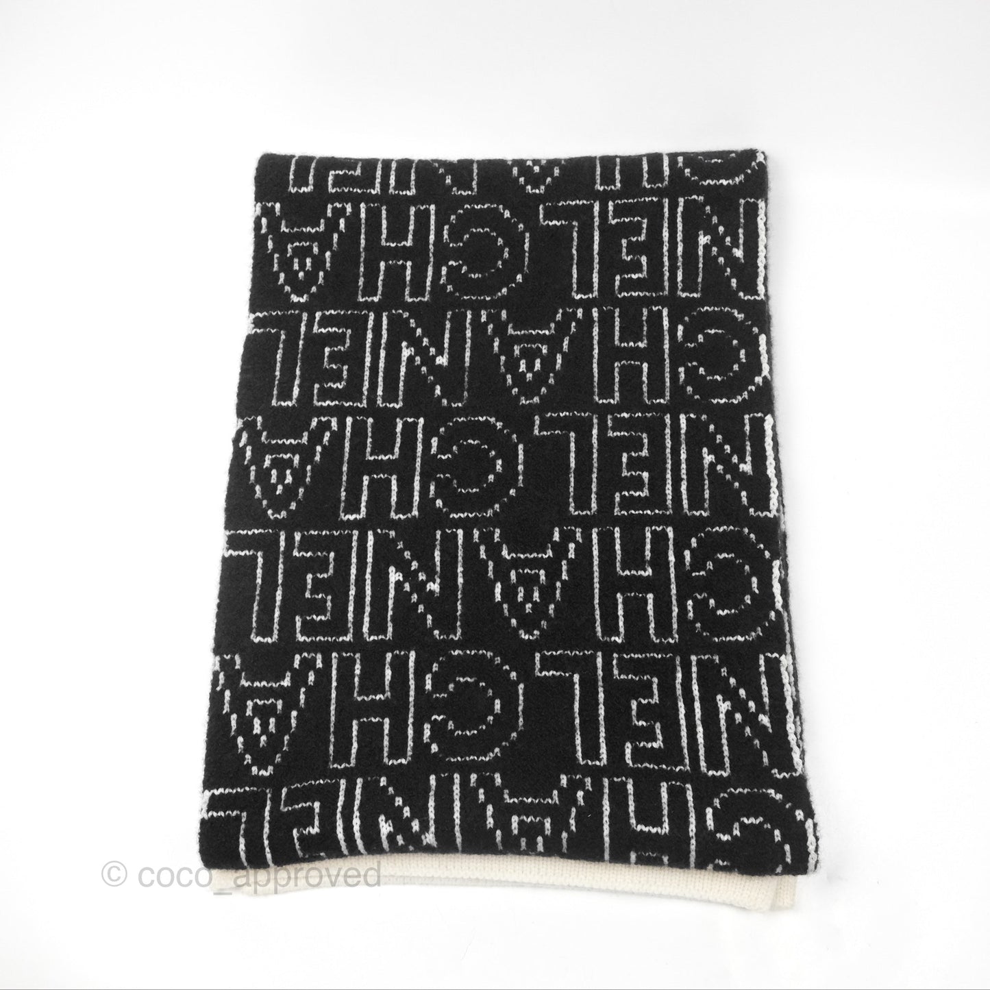 Chanel Logo CC Scarf Black & White Cashmere Wool Silk