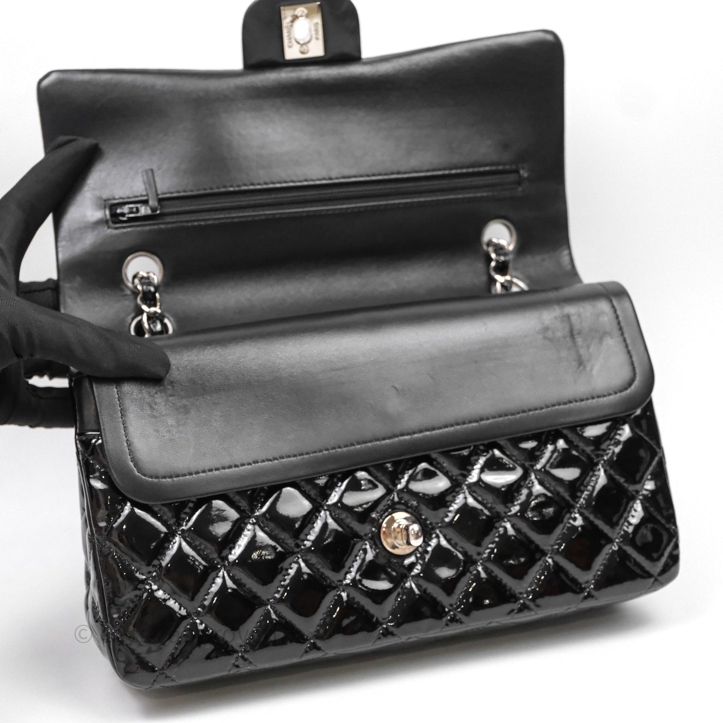 Chanel Medium Classic Flap Quilted Black Patent Silver Hardware