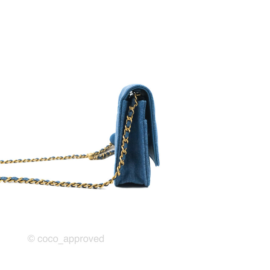 Chanel Quilted Pearl Crush Wallet on Chain WOC Denim Aged Gold Hardware