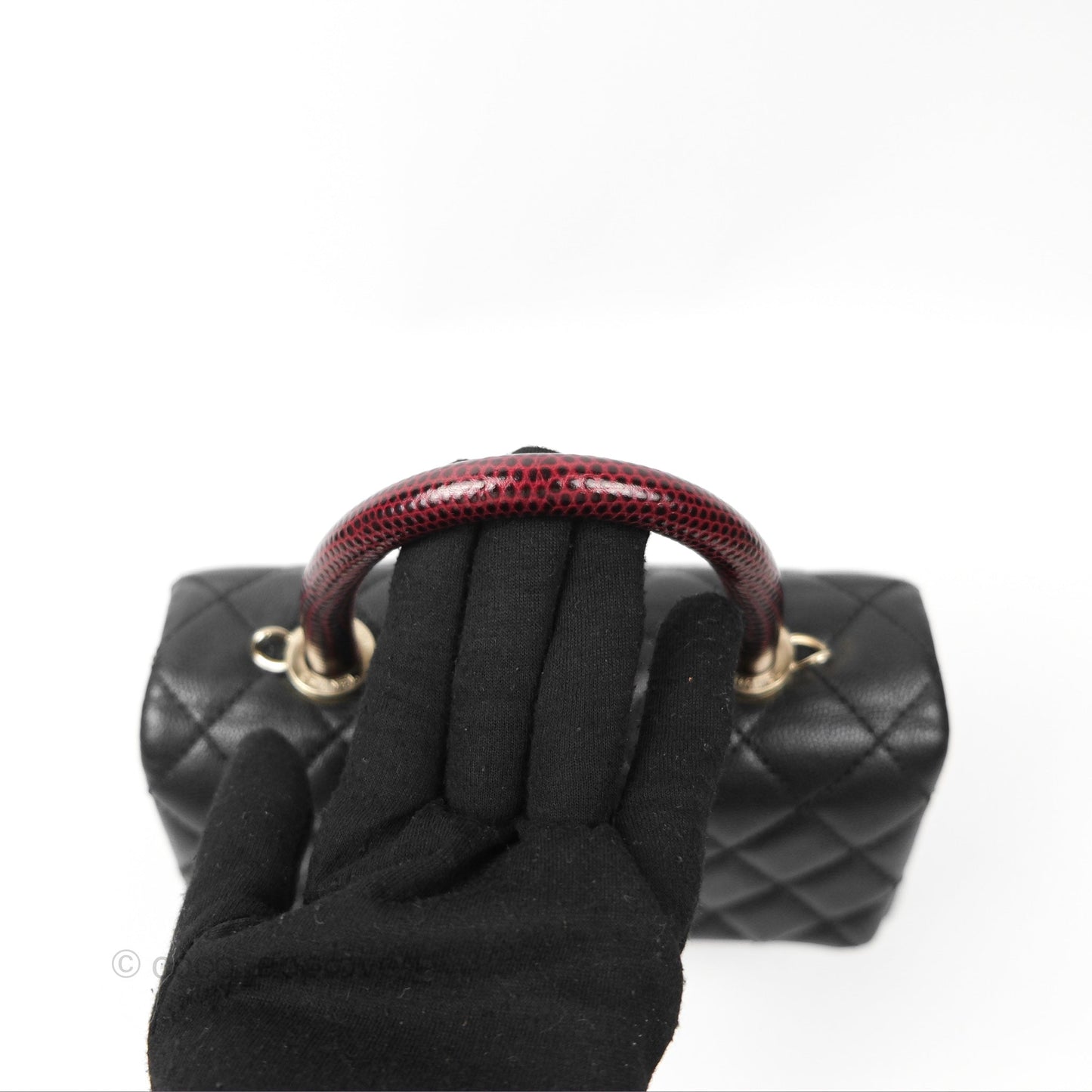 Chanel Small Coco Handle Black Caviar Gold Hardware Lizard Embossed Handle